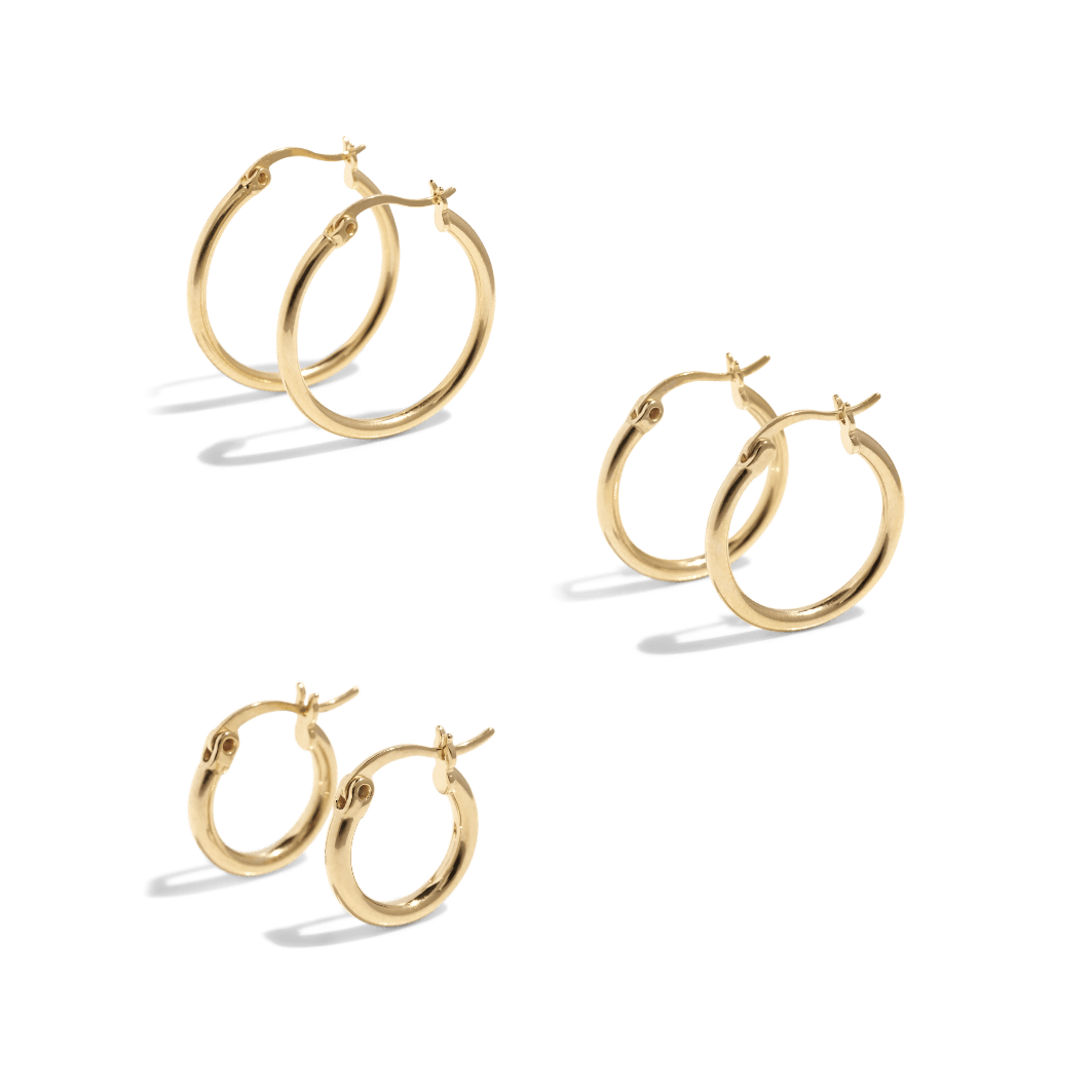 gold plated hoops, earring set, golden earrings