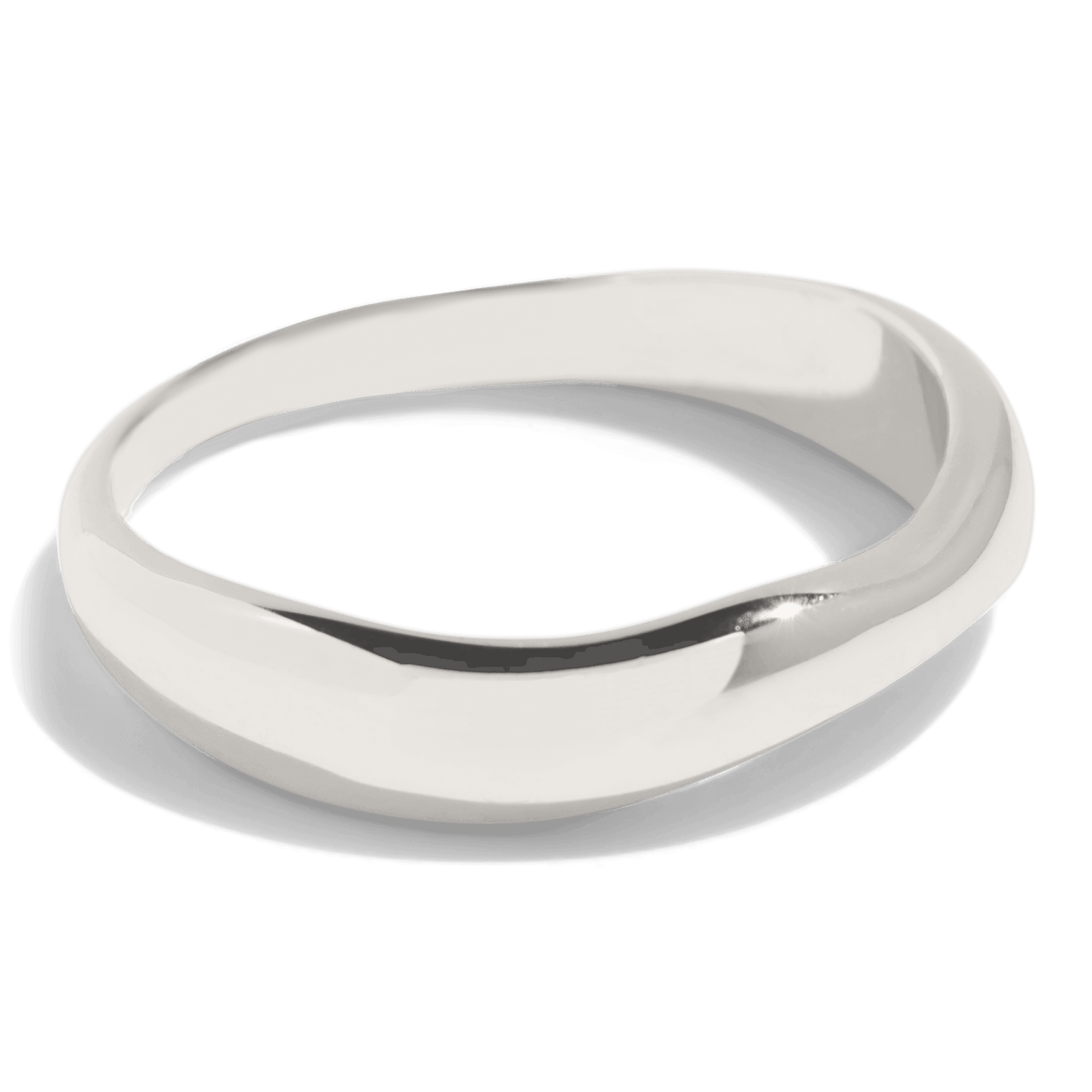 silver ring with a smooth, slightly irregular band, combining modern design with a minimalist look. This packshot highlights the ring's polished finish and unique shape