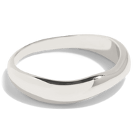 silver ring with a smooth, slightly irregular band, combining modern design with a minimalist look. This packshot highlights the ring's polished finish and unique shape